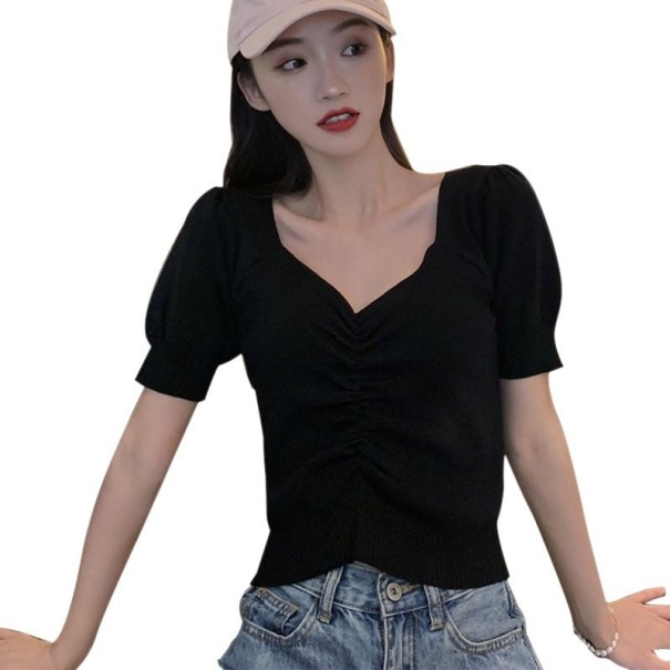 Kvinders plisseret elastisk T-shirt sort