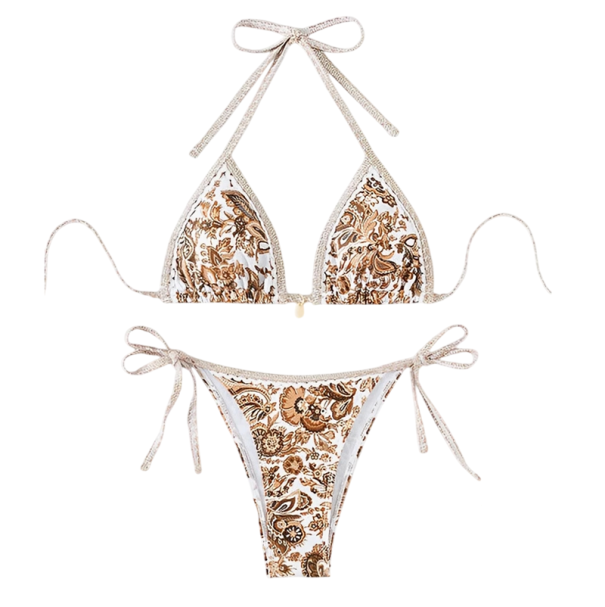 Kvinders todelt bikini med blomstermønster Trekantet top og bindetrusser Elegant sommerbadetøj til stranden og ferien brun S