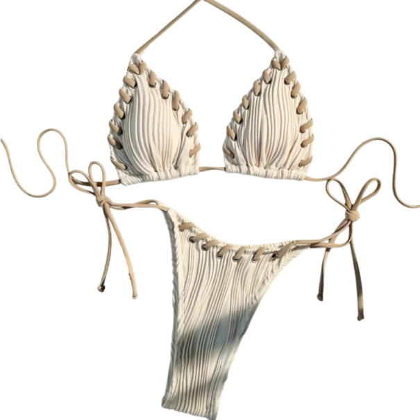 Kvinders todelt bikini trekant-bh Stringtrusser med snoretræk Dekorativ snørebånd sommer strand badetøj beige M
