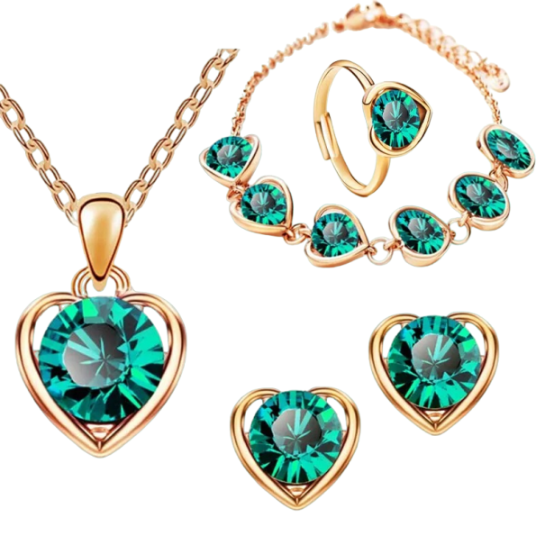 Kvinnors presentset 4 delar halsband, örhängen, armband och hjärtformad ring grön