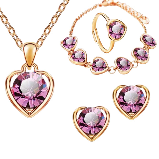 Kvinnors presentset 4 delar halsband, örhängen, armband och hjärtformad ring rosa