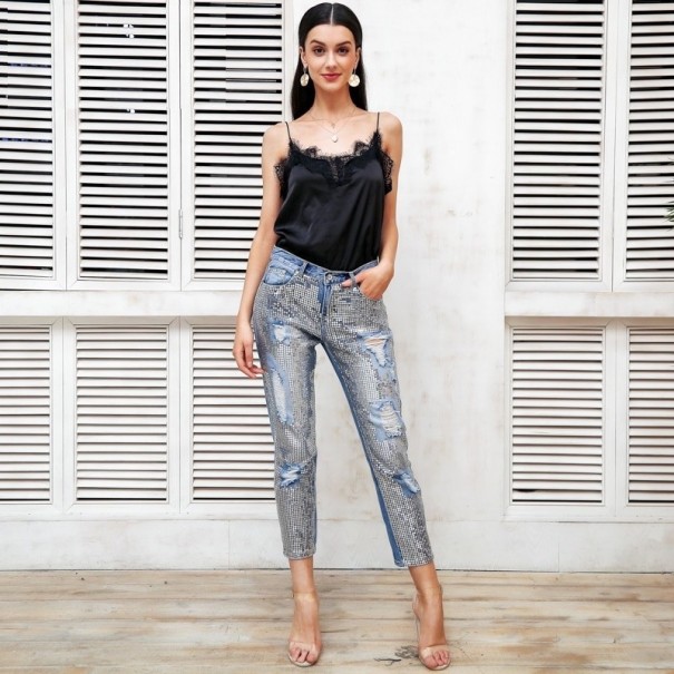 Kvinnors slitna jeans med paljetter
