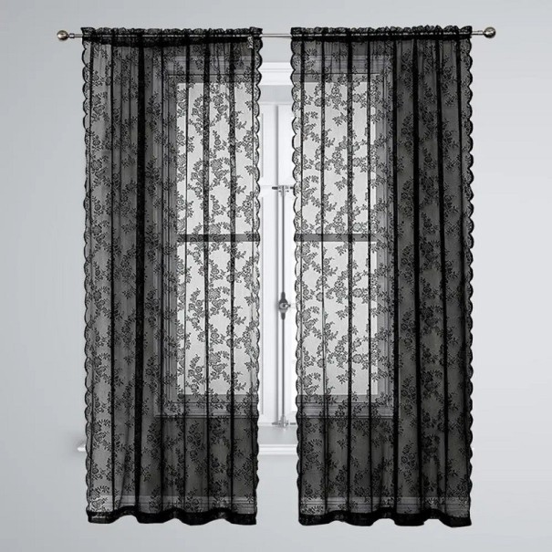 Lace Black Curtain Thin Sheer Curtain with Floral Pattern Floral Sheer Curtain Airy Decorative Romantic Curtain 100 x 140 cm 1