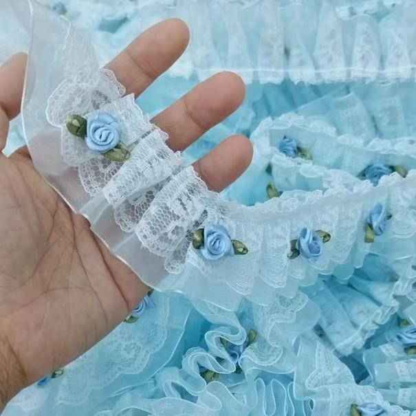 Lace Fabric with Ruffles and Roses 4 cm x 91 cm Polyester and Cotton Blend Decorative Lace for Adorning Dresses, Garments and Accessories blue