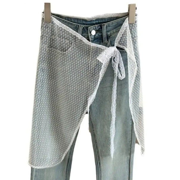 Lace Tulle Wrap Belt 74 x 55 cm Transparent Skirt with Polka Dot Pattern Overlay over Trousers Elegant Layered Accessory white