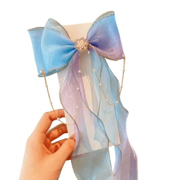 Laço infantil para cabelo com franjas de pérolas 12 x 36 cm Fivela elegante Grande laço Franjas longas Acessório estiloso para meninas azul