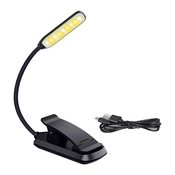 Ladattava LED-lamppu kirjaan klipsillä 9 LED Kosketusohjaus 3 valon väriä Sujuva himmennys Akun kapasiteetti 600 mAh Taivutettava varsi 17 musta