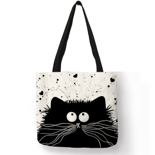 Ladies' Bag with Black and White Print of Cartoon Cats Linen Polyester Square Shape 40 x 40 cm Black Handles Large Eyes and Long Whiskers 2
