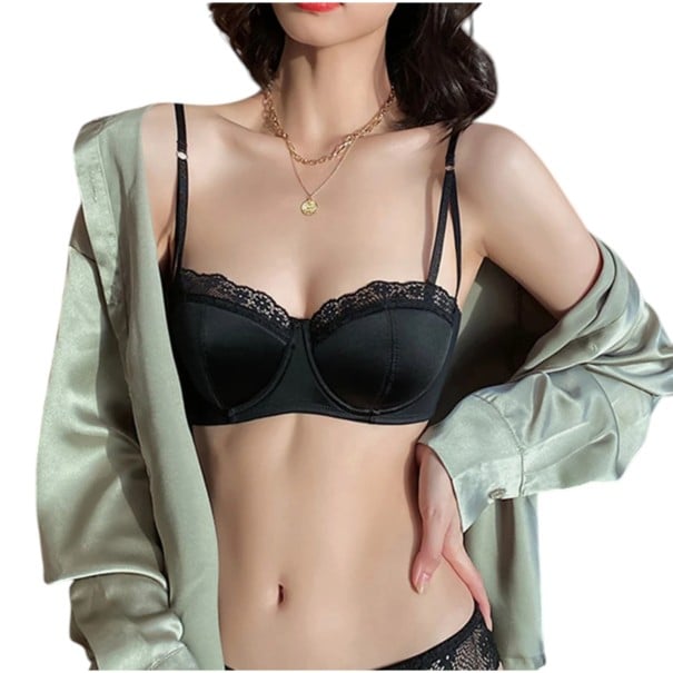 Ladies' Balcony Bra with Moulded Cups Trimmed with Floral Lace with a Smooth Shiny Surface and Adjustable Straps black 70A