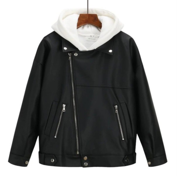 Ladies' Biker Jacket in Black Faux Leather with Asymmetrical Metal Zip, Two Zip Pockets, Press Studs on the Collar and Cuffs, Loose Fit L