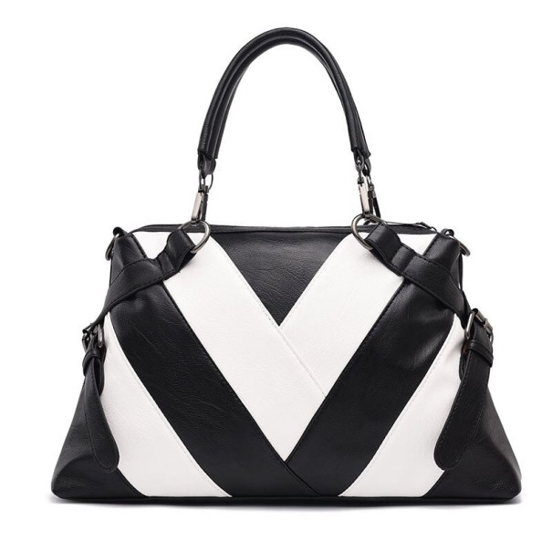 Ladies' Black and White Handbag Bold Contrasting V-Shaped Pattern Handles with Carabiners Side Buckles Artificial Leather 37 x 22 x 10 cm 1