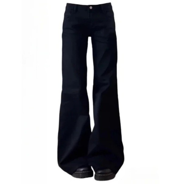 Ladies' Black Jeans Low Waist Loose Fit Pockets Cotton Polyester Comfortable Wide Trousers for Everyday Wear L