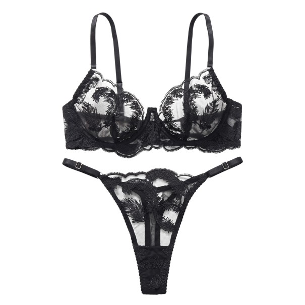 Ladies' Black Lingerie Set Semi-Sheer Underwired Bra with Embroidered Feather Pattern and Thong with Adjustable Straps S