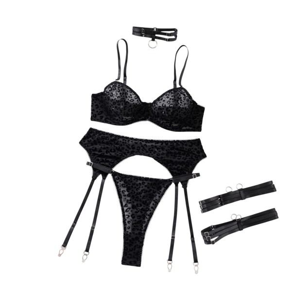 Ladies' Black Lingerie Set with Leopard Print Bra with Underwire Suspender Belt Thong Collar and Thigh Straps M