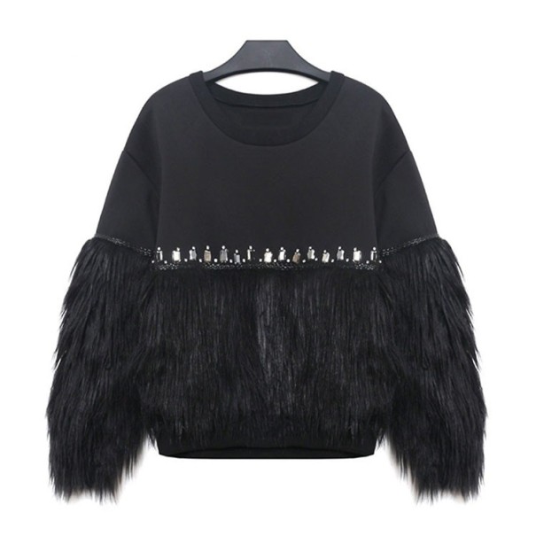 Ladies' Black Sweatshirt with Long Fluffy Fringes on the Sleeves and Bottom Decorative Strip of Stones Round Neckline Polyester and Cotton 1