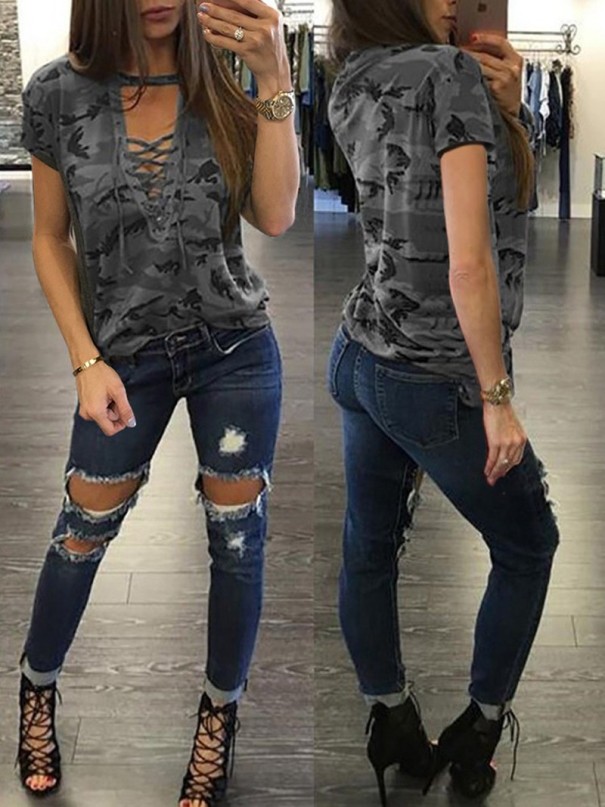 Ladies' Camouflage V-Neck T-Shirt J540 grey M