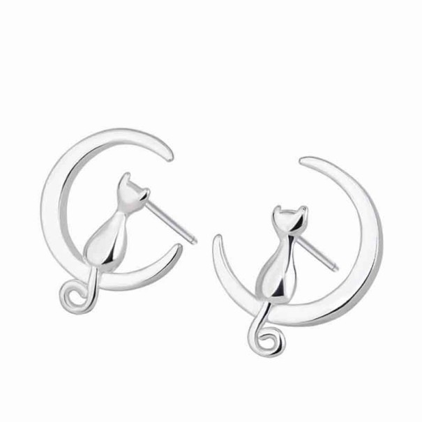 Ladies' Cat on the Moon Stud Earrings 1