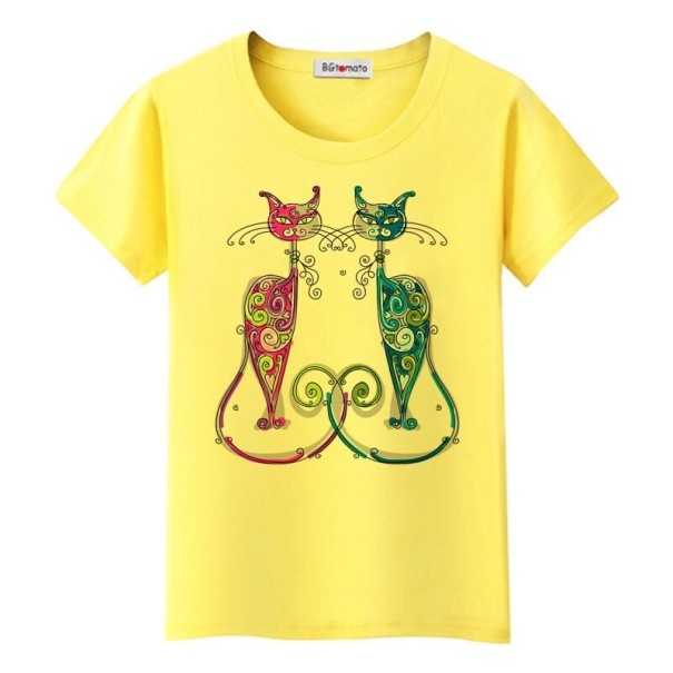 Ladies' Cat Print T-Shirt B385 yellow L 1