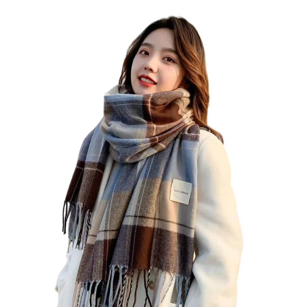 Ladies' Checked Acrylic Scarf with Fringed Ends Warm Soft Fashion Accessory for Autumn and Winter Stylish Comfortable Scarf for Everyday Elegant Wear blue