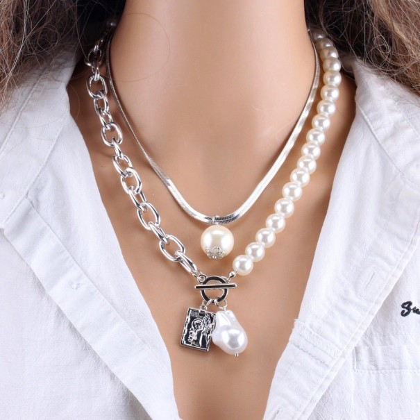 Ladies' Chunky Necklace with Pearls G747 silver