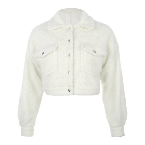 Ladies' Cropped Fleece Button-Up Sweatshirt White Turned Collar and Two Chest Pockets Long Sleeves Polyester and Acrylic Wool M