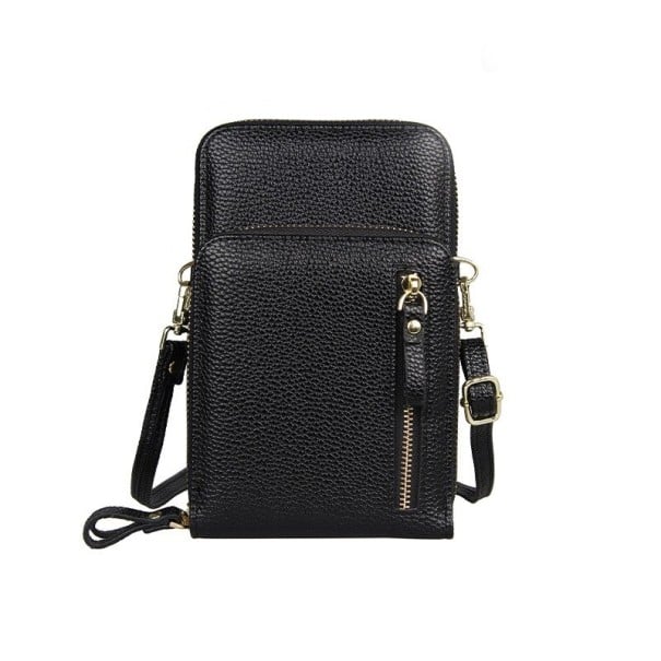 Ladies' crossbody bag for mobile and cards Grainy PU leather Multiple zip pockets Adjustable strap Golden hardware 11 x 5 x 18 cm black