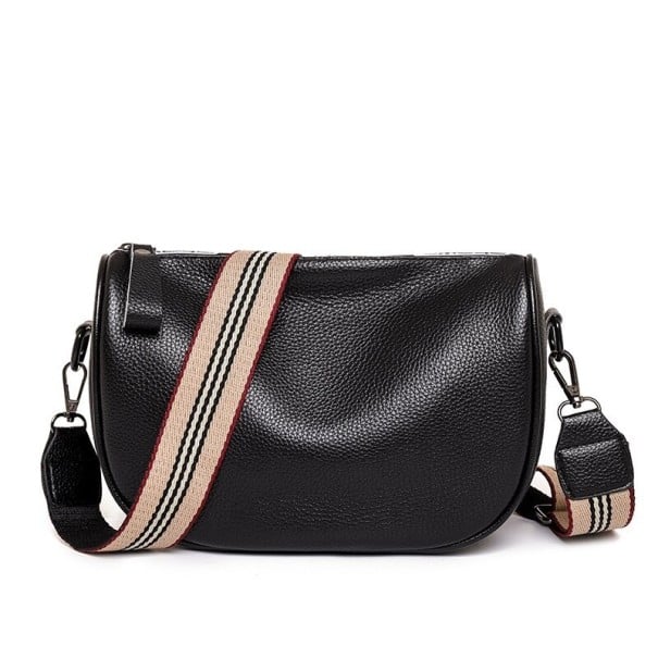 Ladies' Crossbody Bag in the Shape of a Half-Moon Black Real Leather with a Grainy Surface Wide Striped Strap Outer Zip Pocket 1