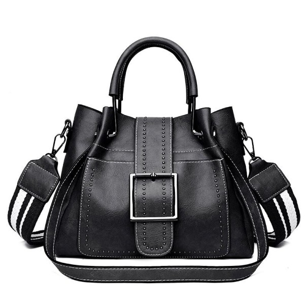Ladies' Crossbody Bag Made of PU Leather with a Handheld Handle Wide Striped Strap Large Metal Buckle and Decorative Studs 27 x 20 x 13 cm black