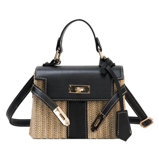 Ladies' crossbody bag made of woven straw and PU leather Small bag with handle and shoulder strap Flap with metal fastening 19.5 x 8.5 x black