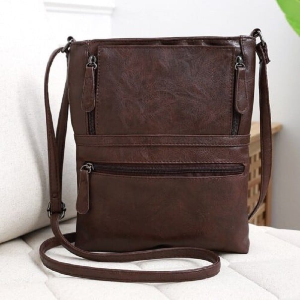 Ladies' Crossbody Handbag Shoulder Bag Flat Shape Multiple Zip Pockets Long Adjustable Strap PU Leather in Vintage Style 23 x 26 cm dark brown