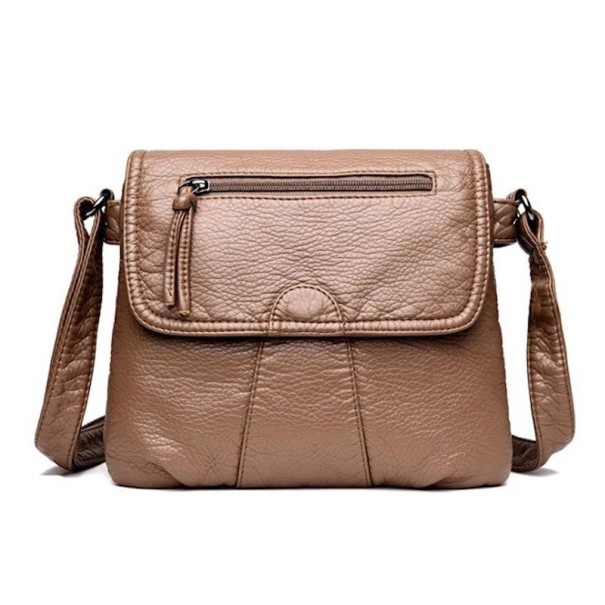 Ladies' Crossbody Handbag with Flap Soft Wrinkled Surface Zip Pocket on Flap Adjustable Strap Casual Style Synthetic Leather 25 x 22 cm bronze