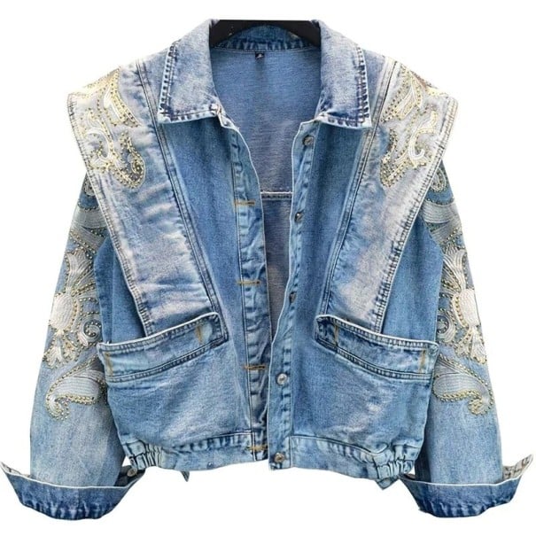 Ladies' Denim Jacket with Decorative Pieces on the Shoulders Embroidery with Golden Studs Light Blue Distressed Denim Large Front Pockets 1
