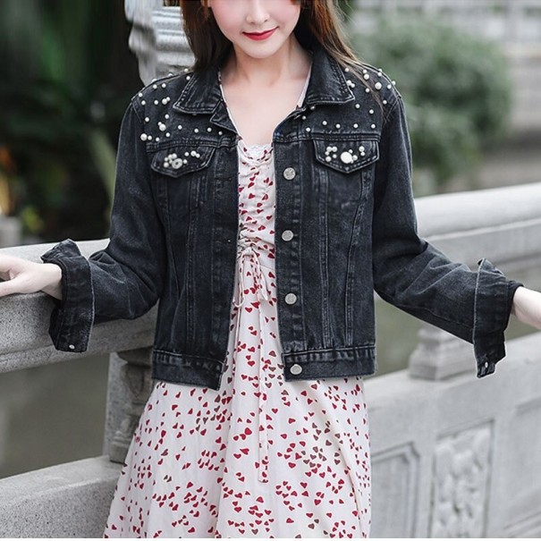 Ladies' Denim Jacket with Pearls black M