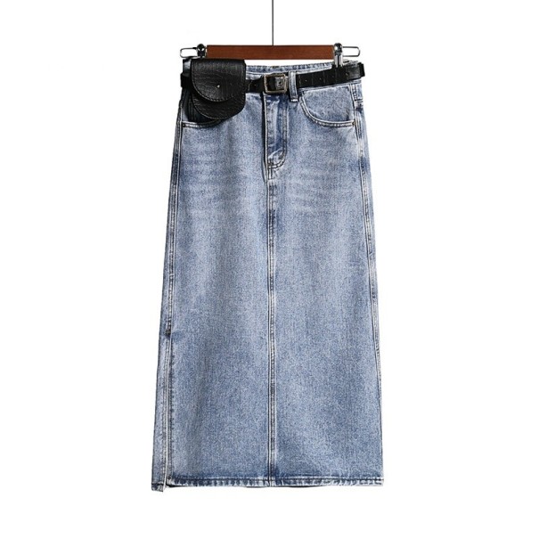 Ladies' Denim Skirt Below the Knee with Side Slit Straight Cut Metal Button and Zip Faded Effect Light Blue Cotton and Polyester M