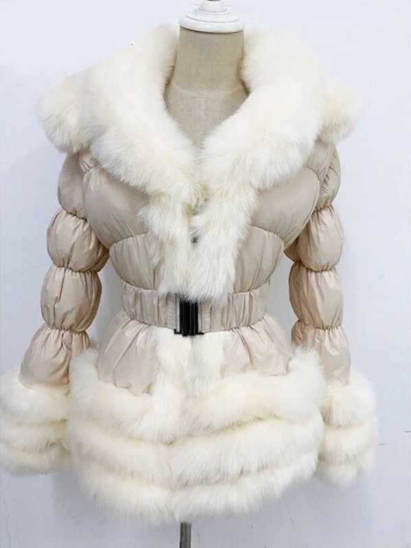 Ladies' Down Coat with Collar and Hem Made of Artificial Fur Fitted Cut with Belt and Buckle Gathered Quilted Sleeves Filling Made of Duck Down M 6
