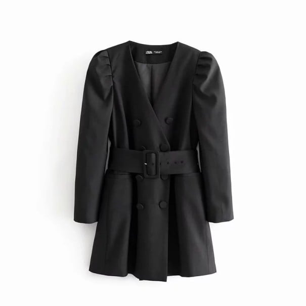 Ladies' Elegant Black Blazer Dress with Belt Double-Breasted Button Fastening V-Neck Slightly Gathered Long Sleeves Polyester and Cotton S