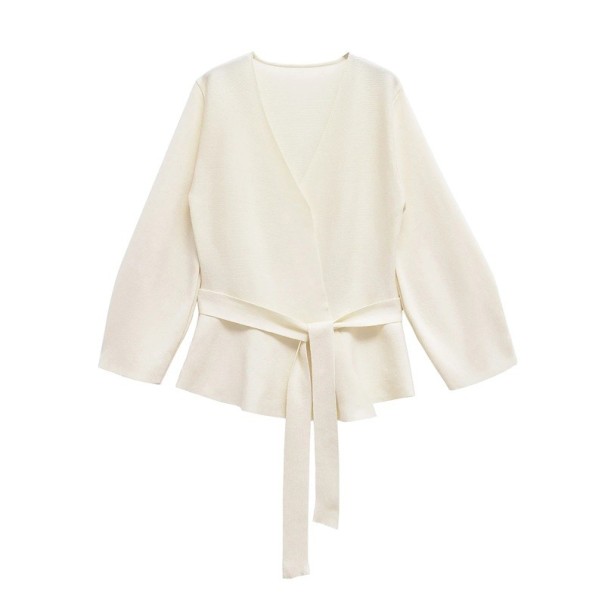 Ladies' Elegant Blazer with Tie Belt Plain Blazer with V-Neck for Every Occasion white L