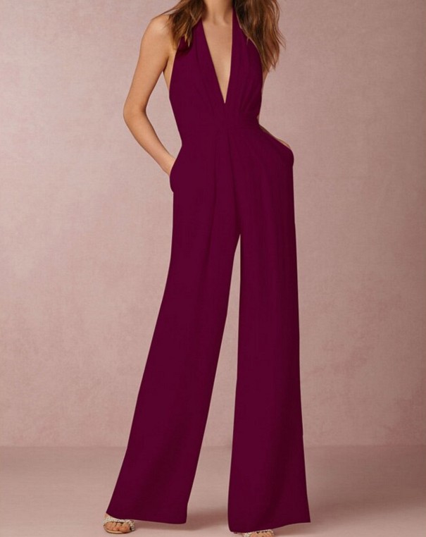 Ladies' Evening Jumpsuit with Exposed Back A2078 wine red XL