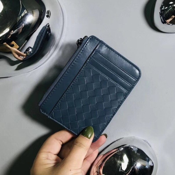 Ladies' Flat Card Wallet Made of PU Leather Woven Pattern Card Slots on the Front Zip Pocket Dimensions 12 x 9 cm dark blue