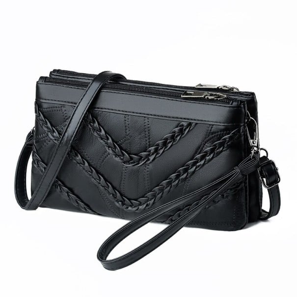 Ladies' Flat Crossbody Bag with Wrist Loop Two Zip Compartments Woven Decoration Adjustable Strap Black 23 x 14 x 5 cm 2