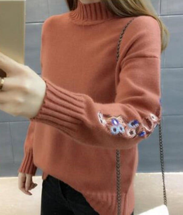 Ladies' Floral Roll Neck brick red