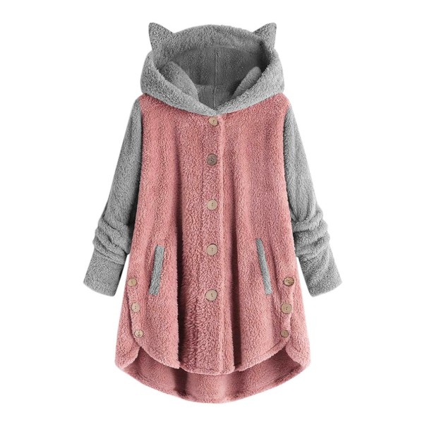 Ladies' Fluffy Hoodie with Hood and Cat Ears Longer Button-Up Style with Pockets Contrasting Grey Hood and Sleeves Rounded Hem pink L