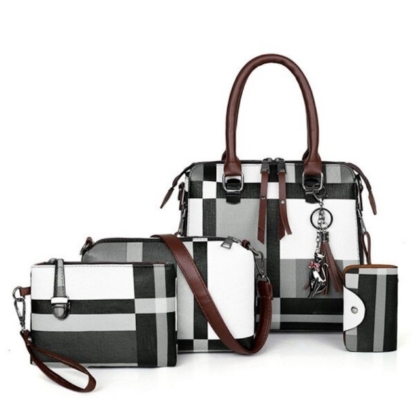 Ladies' Handbag Set 4 pcs with Checked Pattern Handbag Clutch Shoulder Bag and Card Holder made of Artificial Leather black