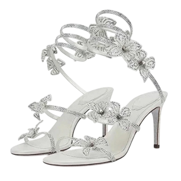 Ladies' High Heel Sandals with Ankle Wrap and Stone Flower Decoration Open Toe PU Upper Rubber Sole for Weddings silver 35,5