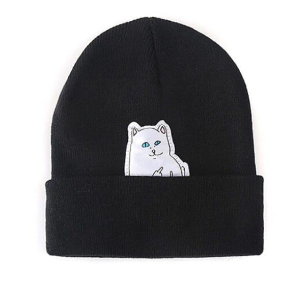 Ladies' Knitted Beanie Hat with a Patch of a Cat Peeking Out from the Turned-up Brim Slightly Stretchy Cotton and Polyester Head Size 56 to black