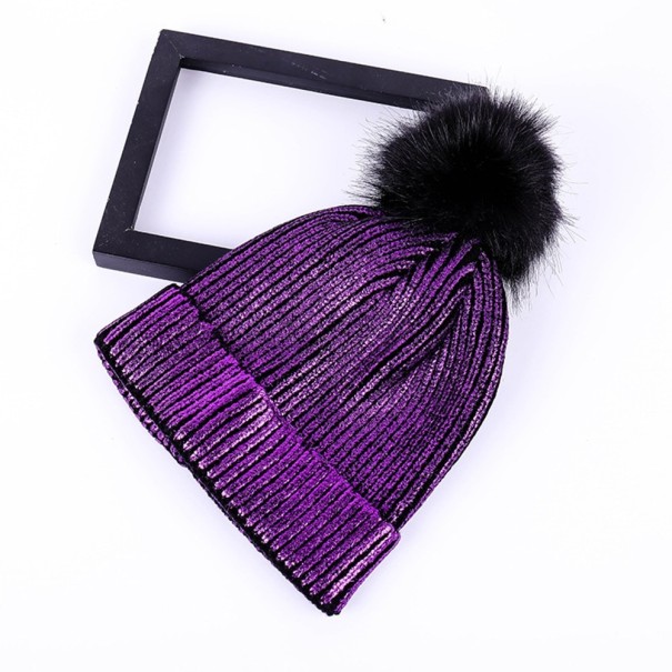Ladies' Knitted Beanie with Metallic Sheen and Large Fluffy Pom-Pom Ribbed Knit Turned-Up Cuff Acrylic Universal Size purple