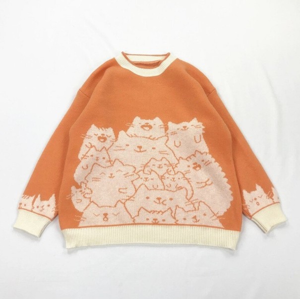 Ladies' Knitted Sweater with Cats orange