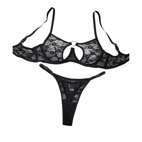 Ladies' Lace Bra Set with Underwire and Metal Heart in the Centre and Adjustable Side Straps Thong black S