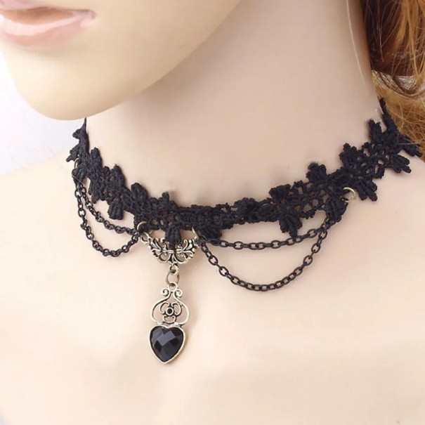 Ladies' Lace Choker with Heart Pendant Clasp Necklace in Stainless Steel and Zinc Alloy Black Fashion Accessory for the Neck 1
