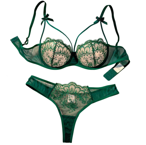 Ladies' Lace Set Bra and Briefs with Embroidery and Fine Mesh Elastane Polyester for Everyday Wear green L